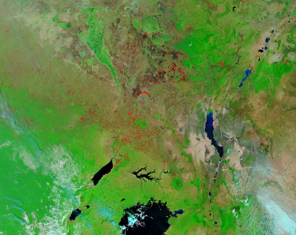 Fires burning in South Sudan,Ethiopia,and Uganda