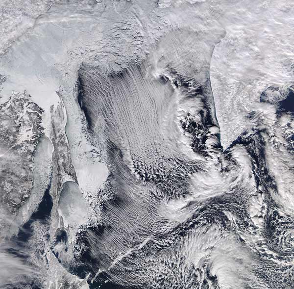 Sea ice and cloud streets in the Sea of Okhotsk