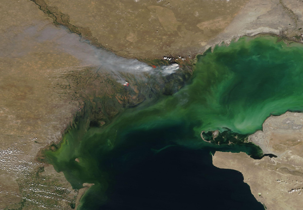 Fires burning on the Caspian Sea